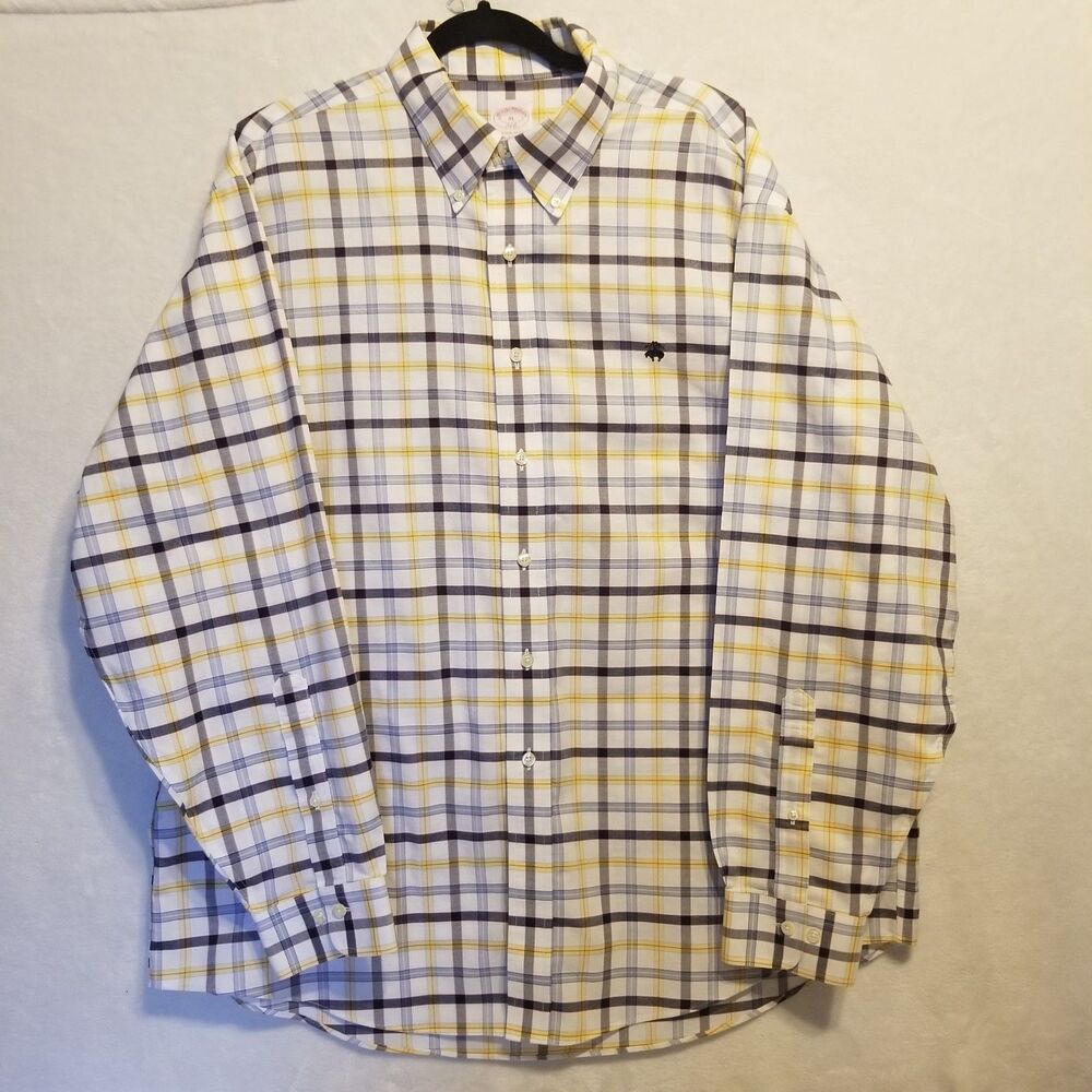 Brooks Brothers XL Shirt Button Down The Original Polo Yellow Blue Plaid Preppy